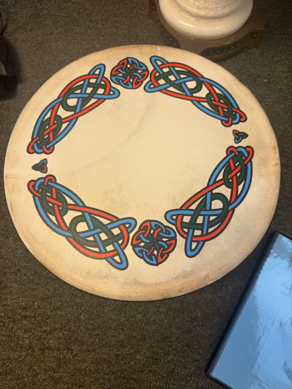 Traditional Irish Bodhrán Frame Drum Decorated w Colorful Celtic Knotwork Design